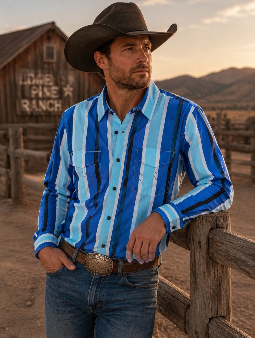 Men's Striped Western Style Long Sleeve Button Down Shirt